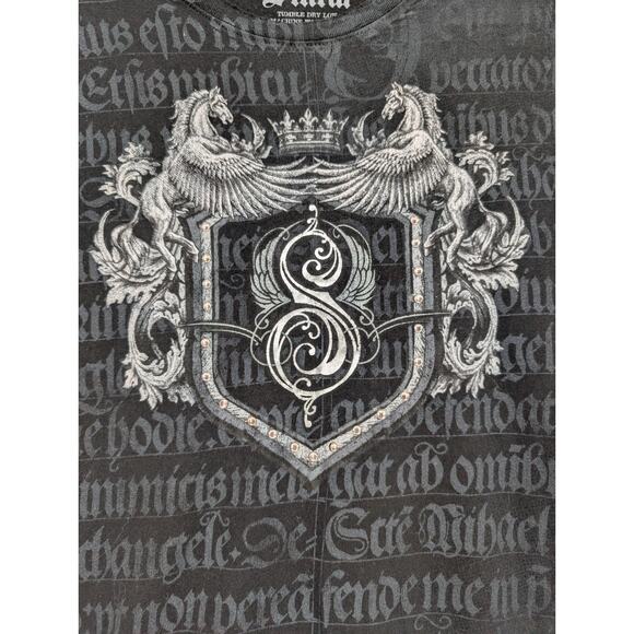 VTG Y2K Sinful Affliction Womens Black Graphic Print Rock Gothic Bling Crest Tee - Picture 2 of 8